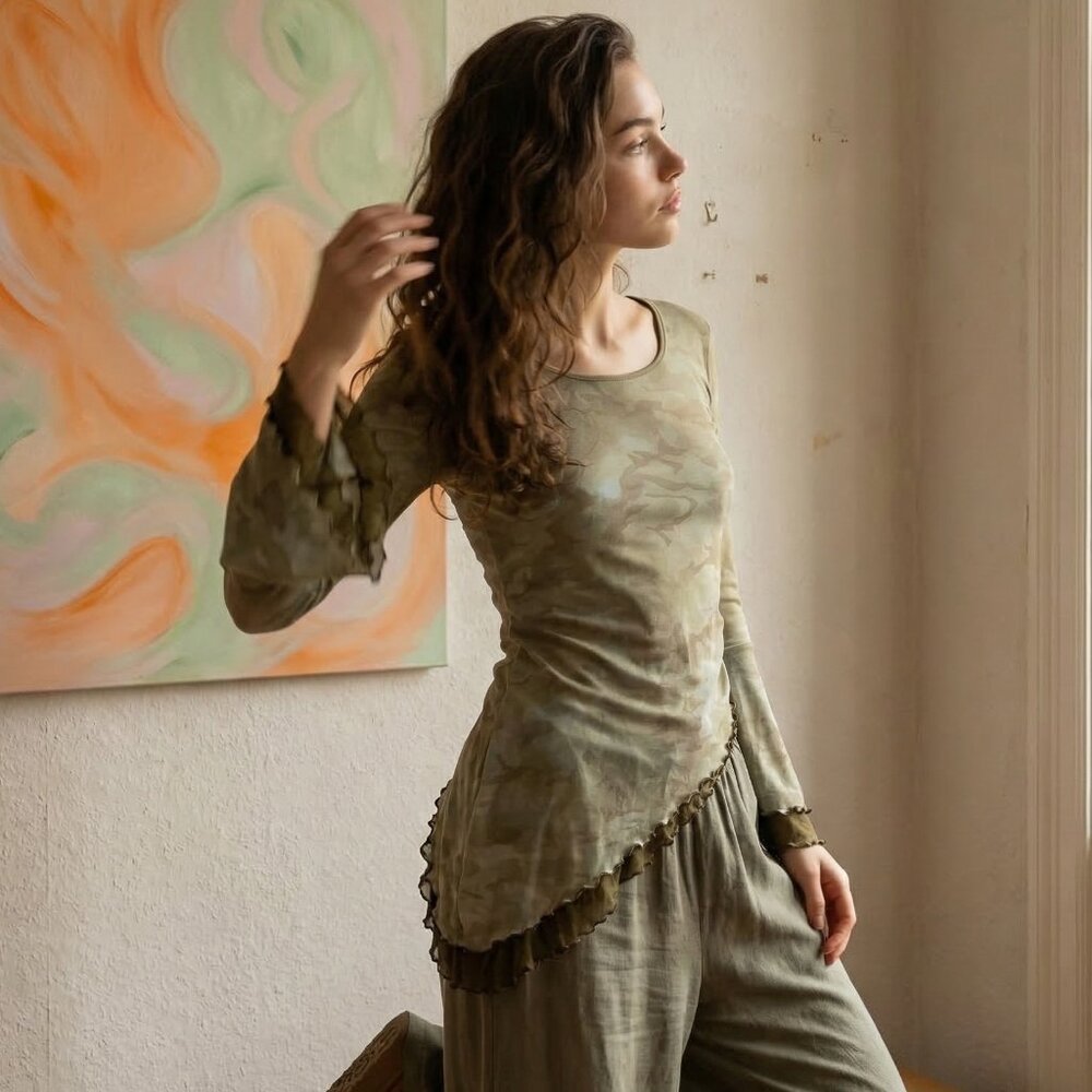 Promod Y2K Camouflage Asymmetrical Bell Sleeve Blouse